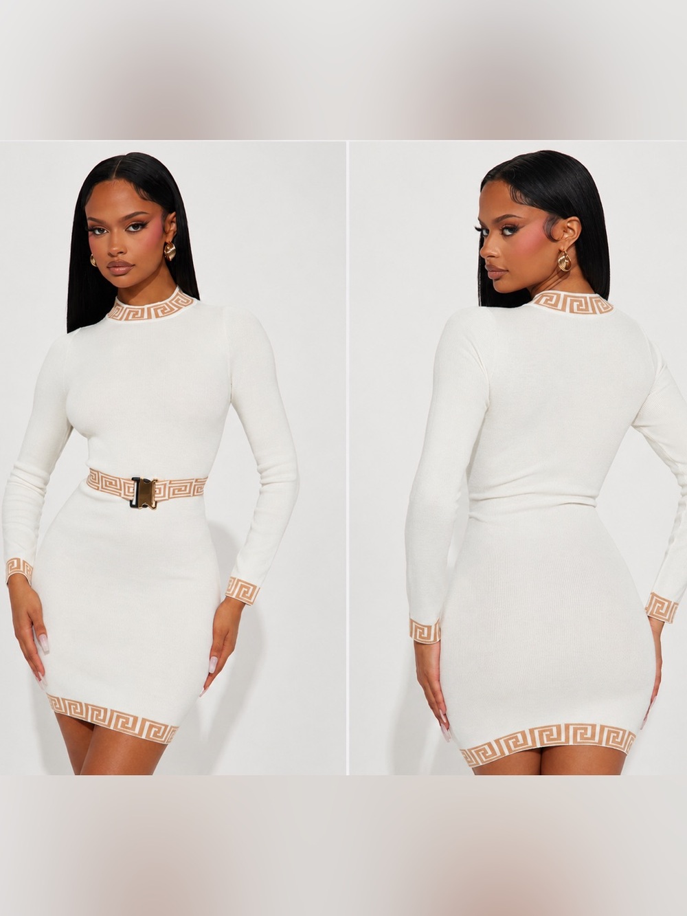 Fashion Nova Cream Long Sleeve Bodycon Dress with Tan Trim